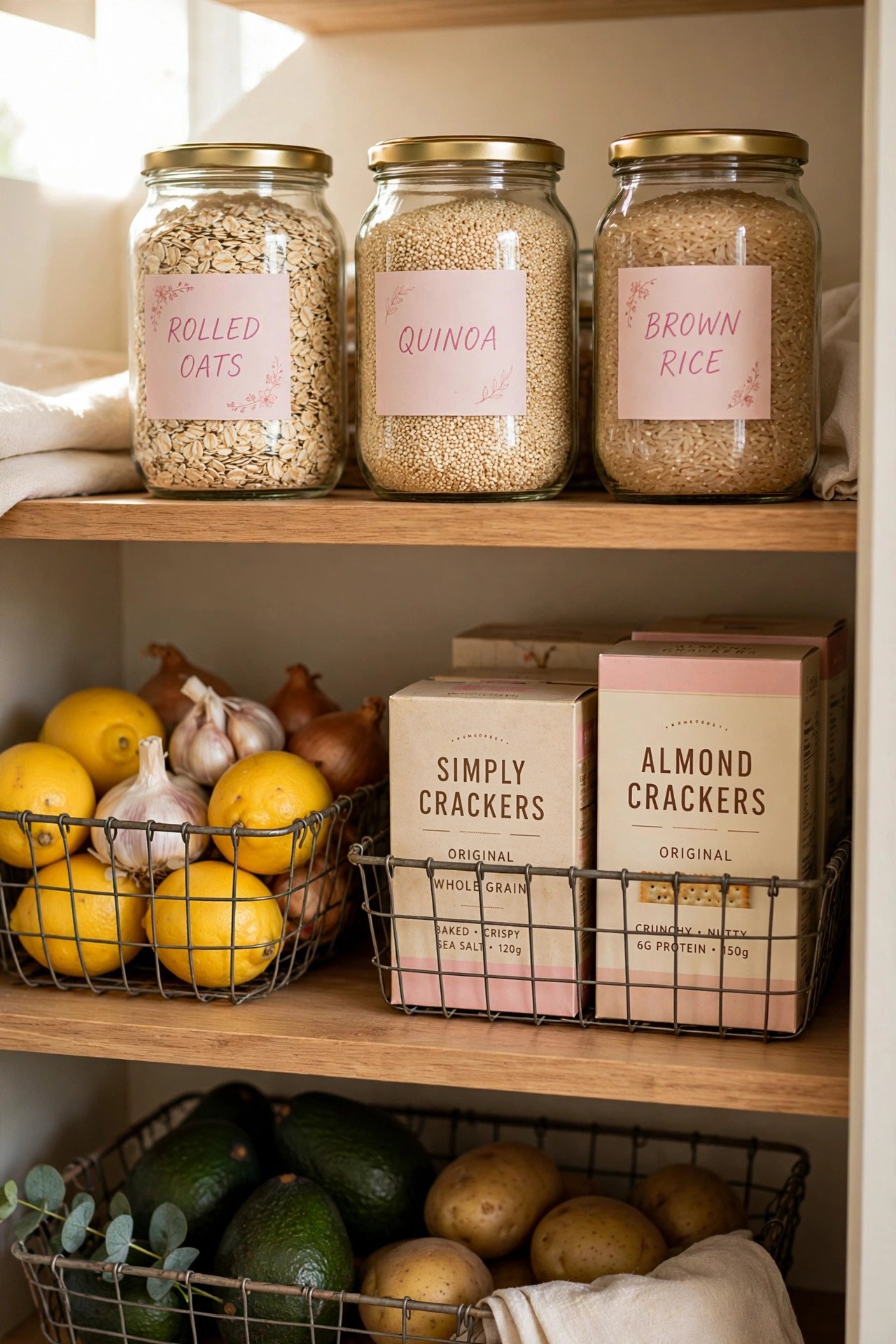 Small pantry mixing clear jars, wire baskets, and boxes on deep shelves, relaxed pantry organization