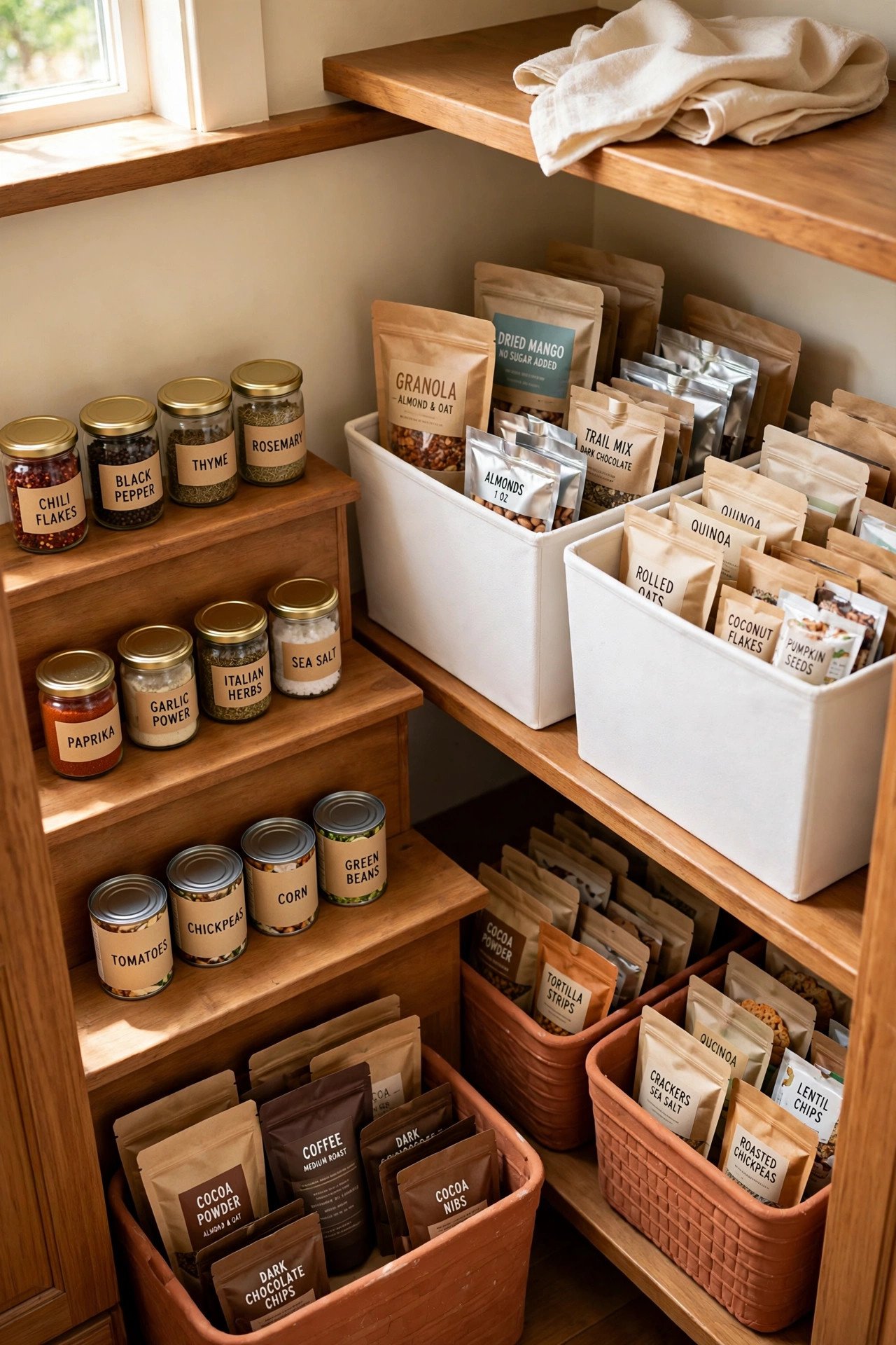 Tiered shelf holding cans and jars in visible rows on a deep pantry shelf, practical pantry organization