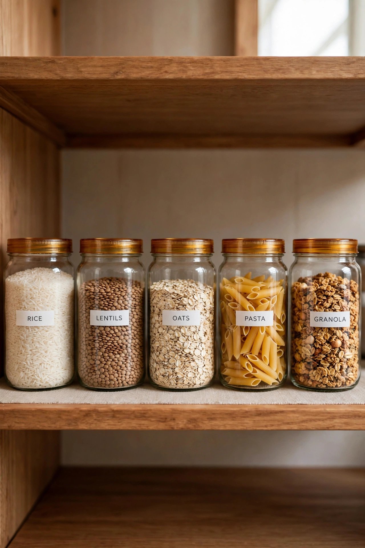 Matching glass jars with printed labels filled with grains on pantry shelves, classic pantry organization