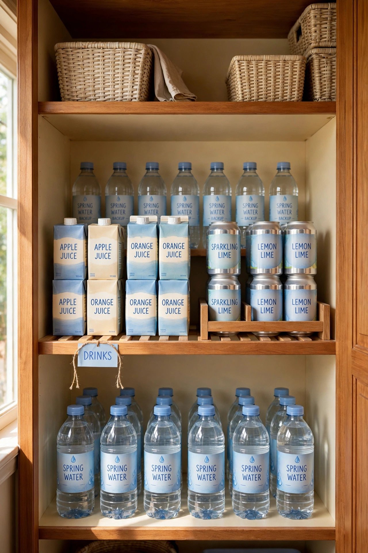 Pantry drink zone with bottled water, juice, and stacked soda cans in neat rows