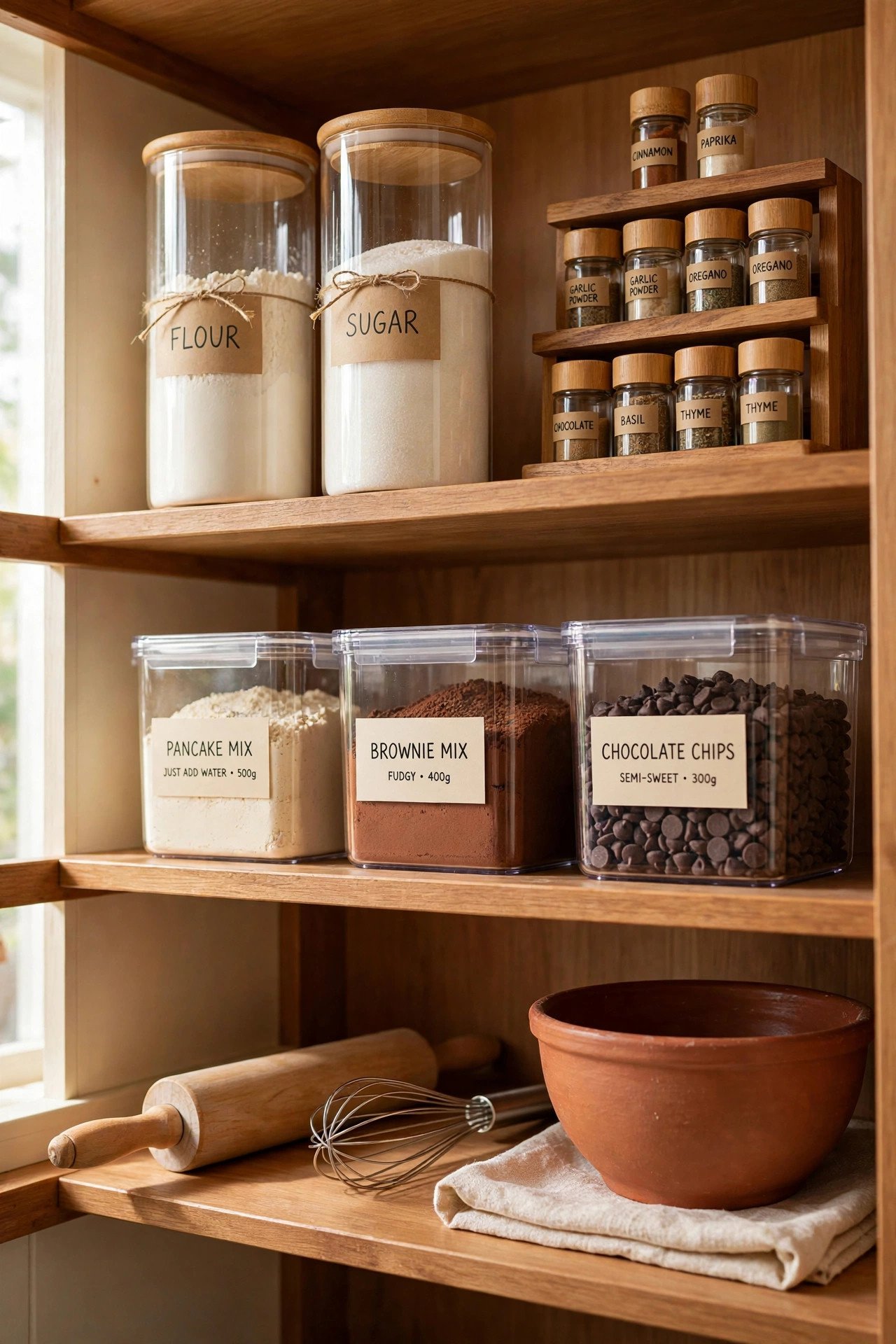 Baking pantry shelf with labeled flour and sugar jars and a tiered spice stand, pantry organization for bakers