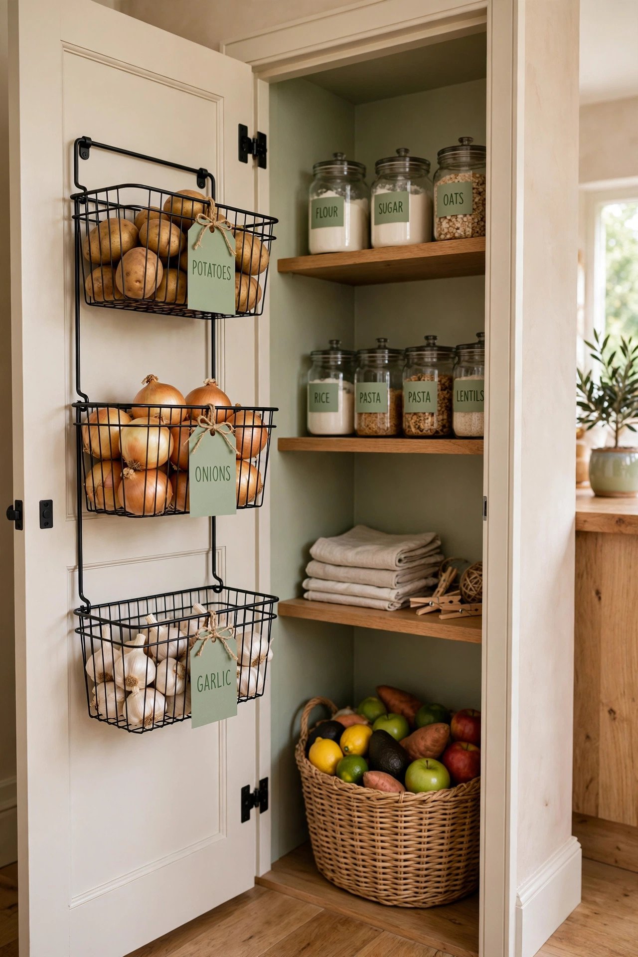 Farmhouse pantry door with wire baskets holding onions and garlic, warm pantry organization finish