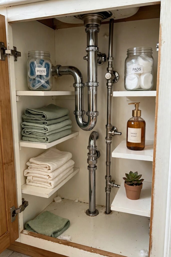 Small shelves around under sink pipes with cleaning supplies