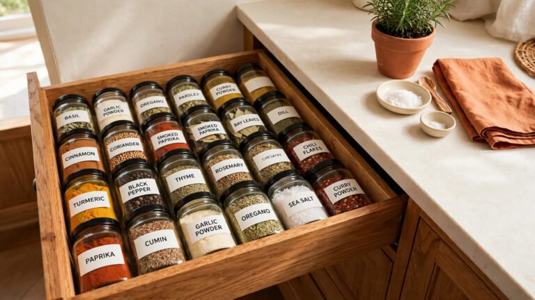 Beautifully organized spice drawer with labeled glass jars in a neat kitchen