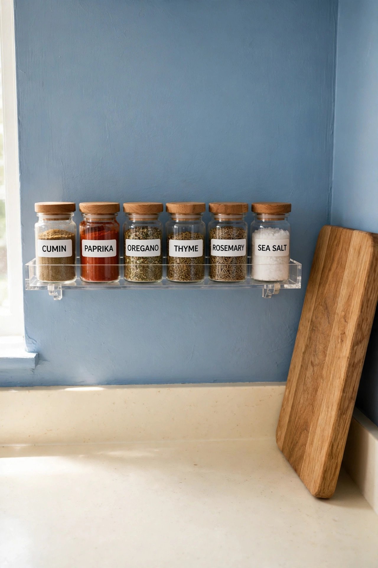 Clear acrylic wall shelves holding labeled glass spice jars in a warm kitchen for smart spice drawer organization
