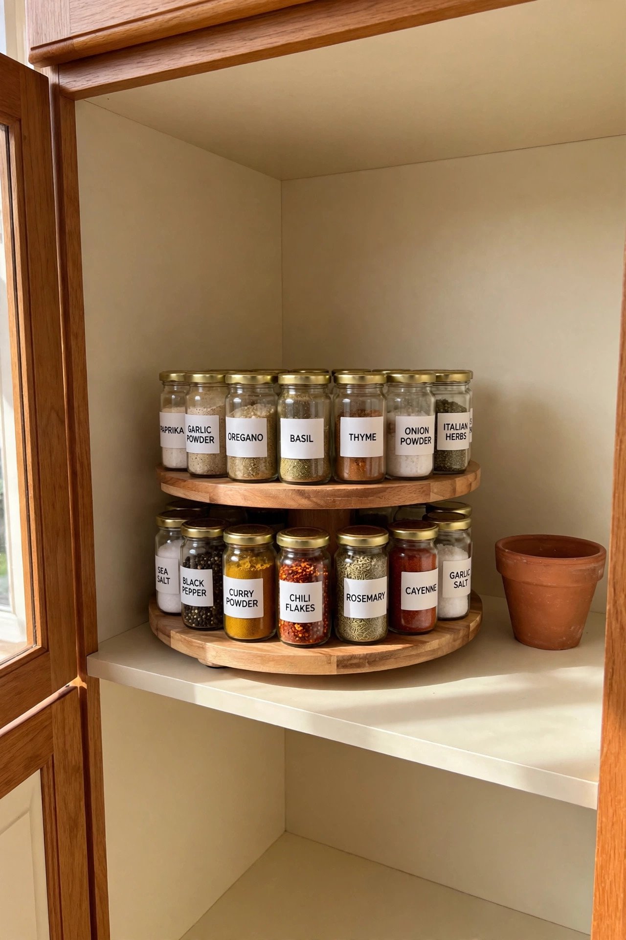 Two-tier turntable with labeled spice jars spinning inside a kitchen cabinet for easy spice drawer organization