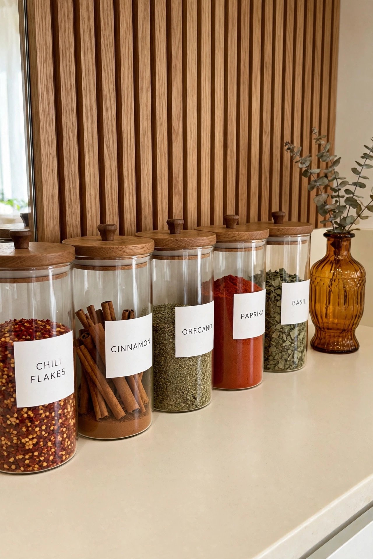 Matching stackable glass canisters with white printed labels for tidy spice drawer organization
