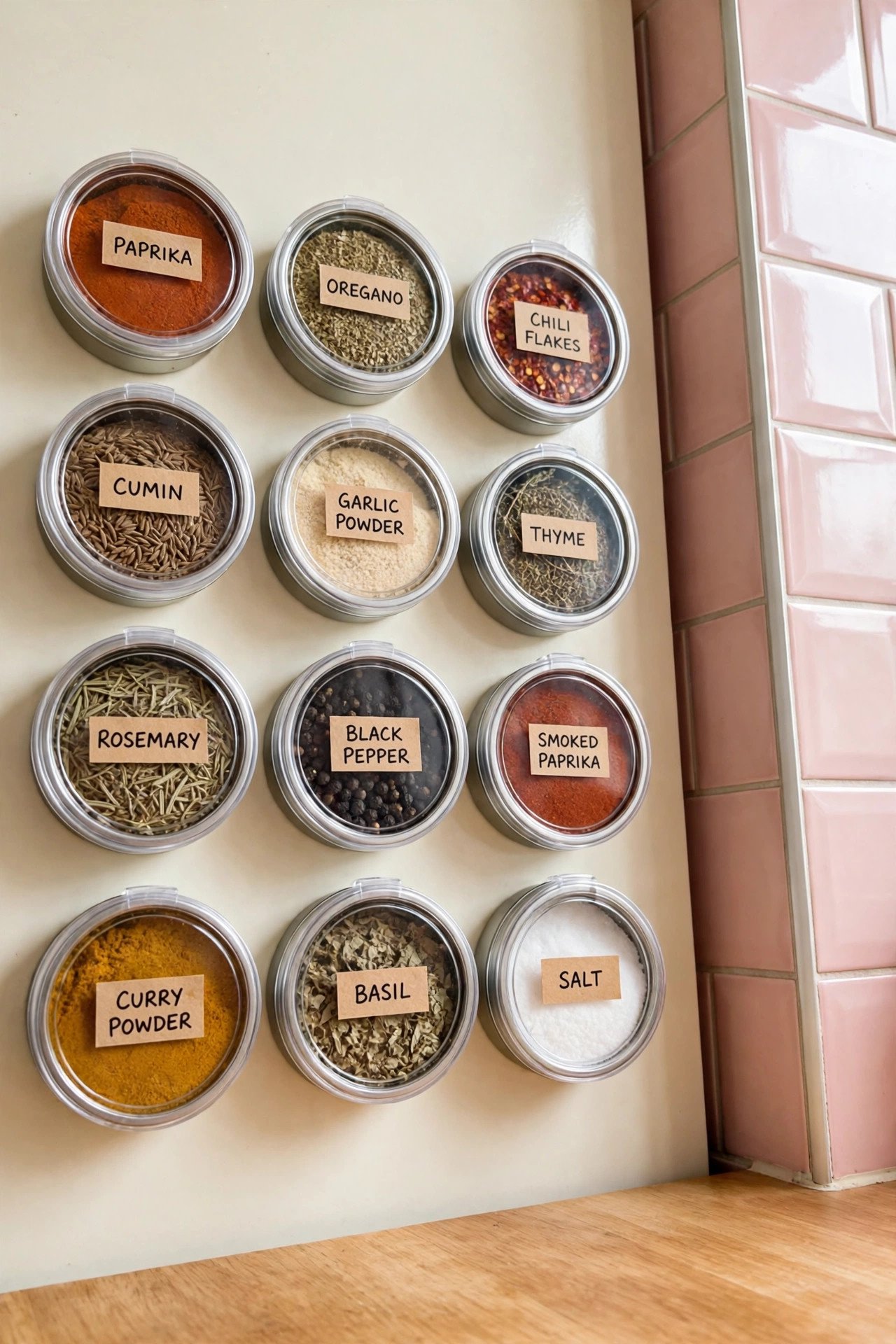 Magnetic spice tins with readable white labels stuck on the side of a refrigerator for clever spice drawer organization