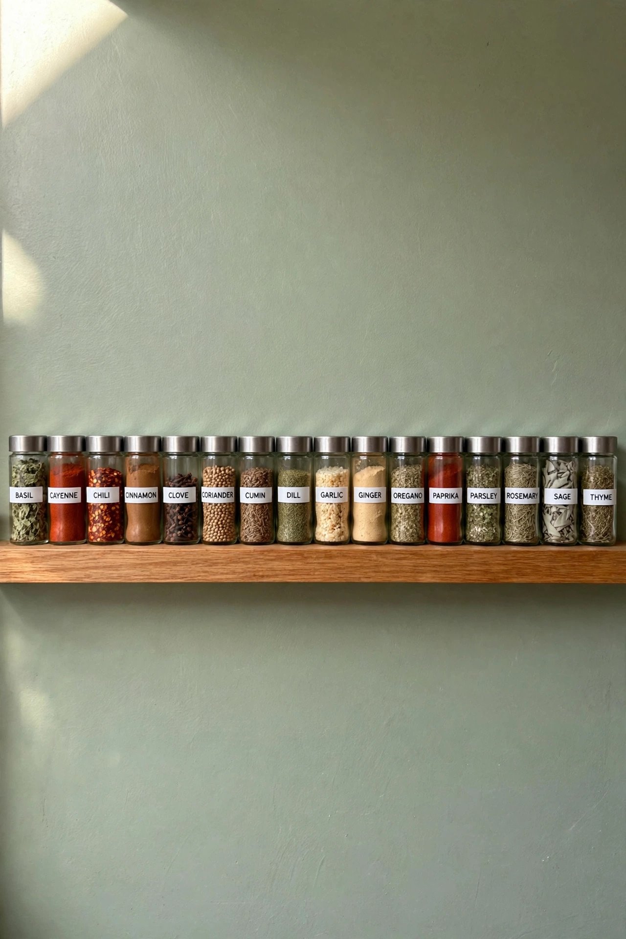 Spice jars arranged alphabetically on wooden shelves with clear labels for simple spice drawer organization