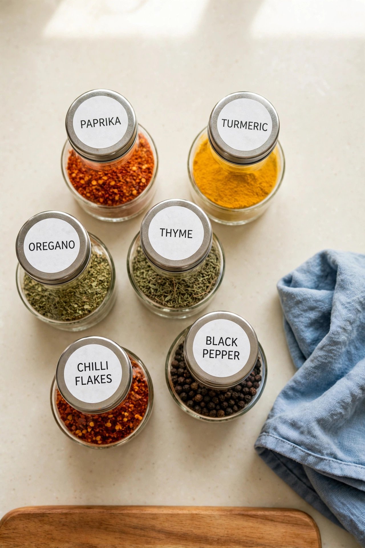 Spice drawer with jars standing upright showing round white lid labels for quick spice drawer organization