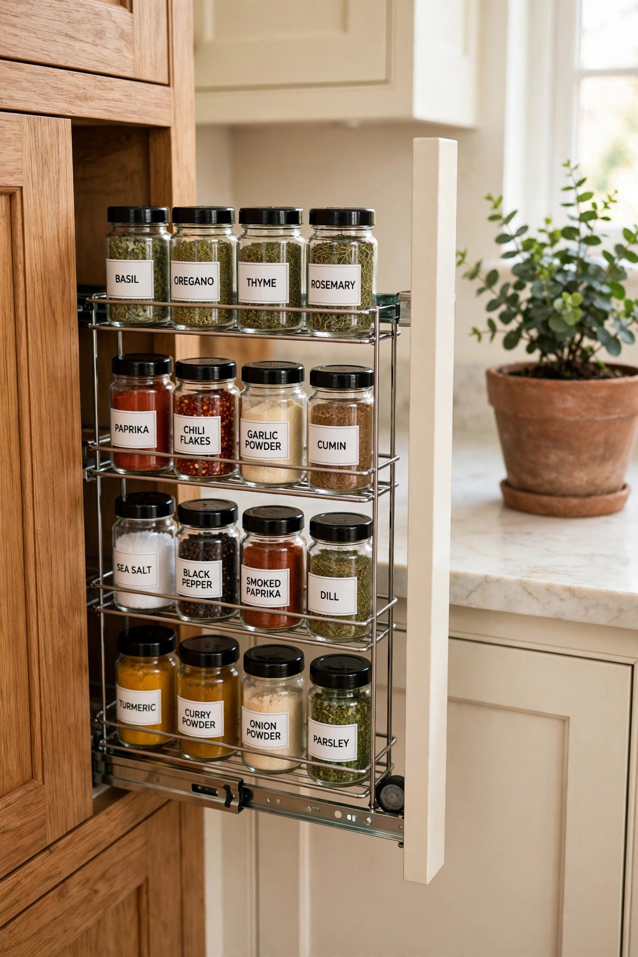Slim pull-out spice rack sliding from a narrow kitchen cabinet with labeled jars in neat rows