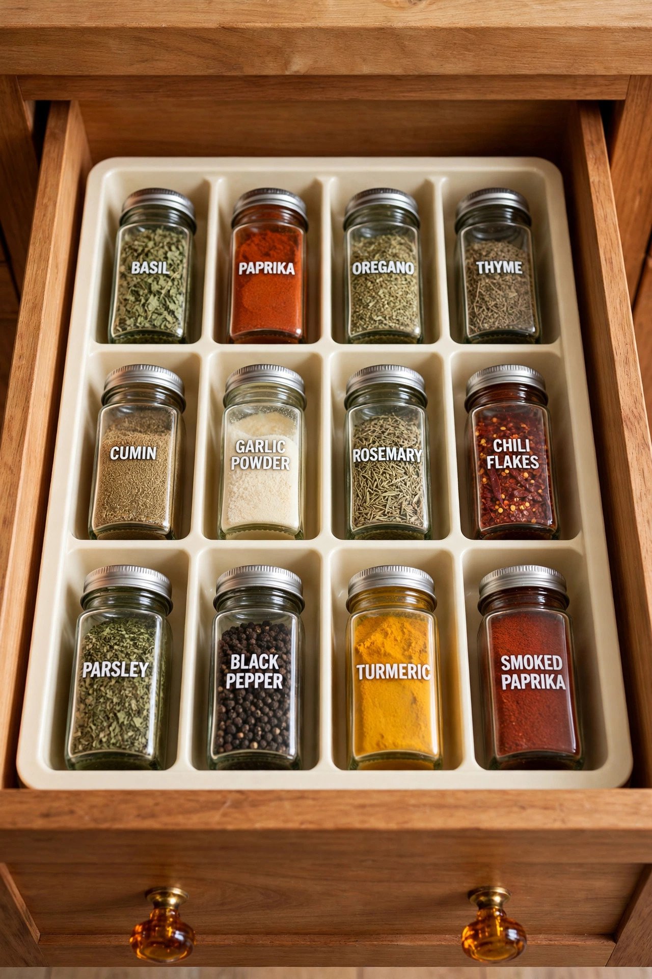 Expandable pull-out drawer insert filled with matching labeled spice jars for perfect spice drawer organization