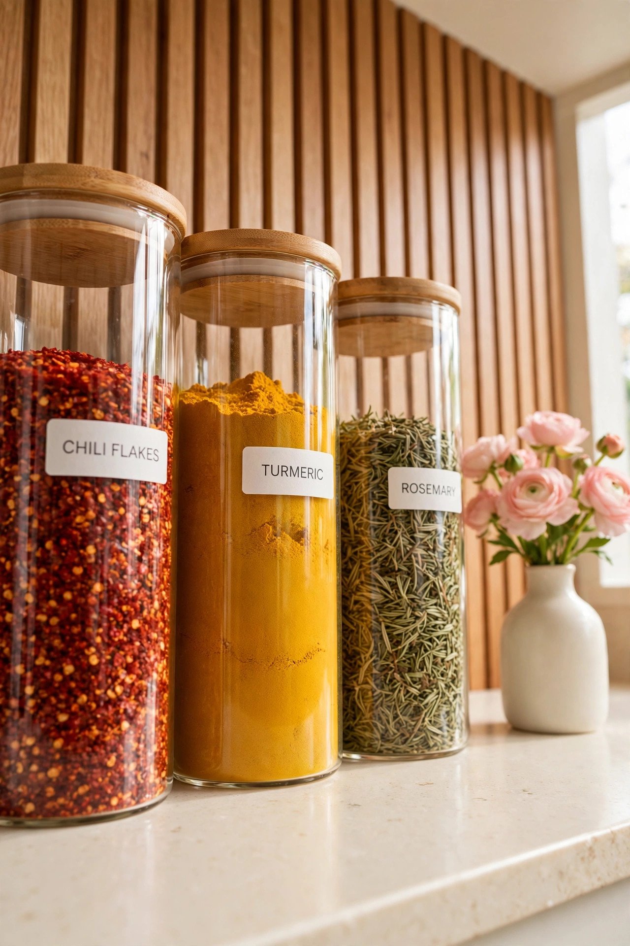 Tall glass canisters with bamboo lids and white labels on a butcher-block kitchen counter