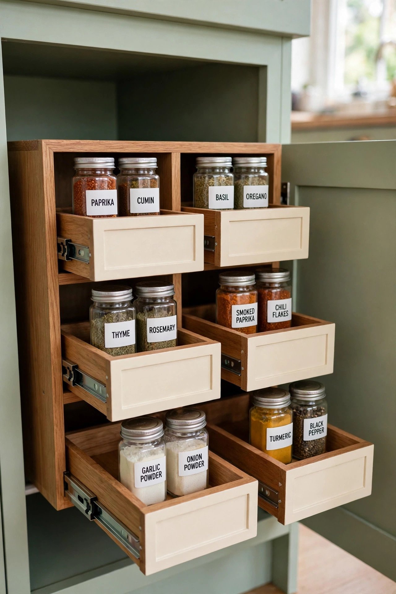 Multi-drawer pull-out spice organizer with tiered rows of labeled jars for large spice drawer organization