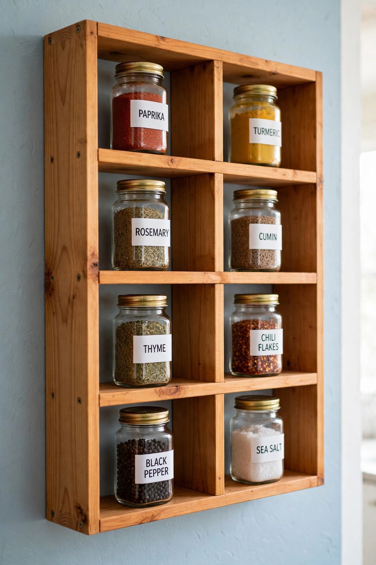 Handmade wooden cubby shelf with one labeled spice jar in each square for charming spice drawer organization