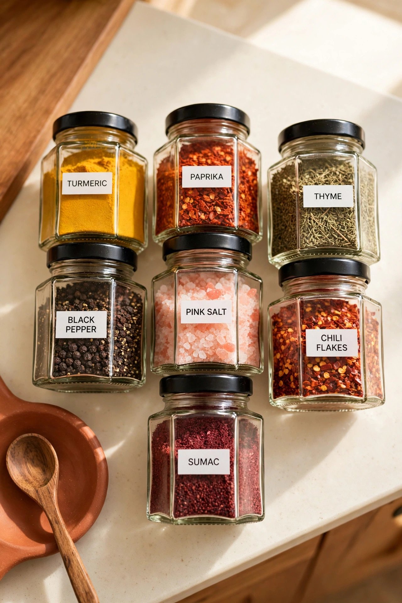 Hexagonal glass spice jars in a honeycomb pattern with readable white labels inside a drawer