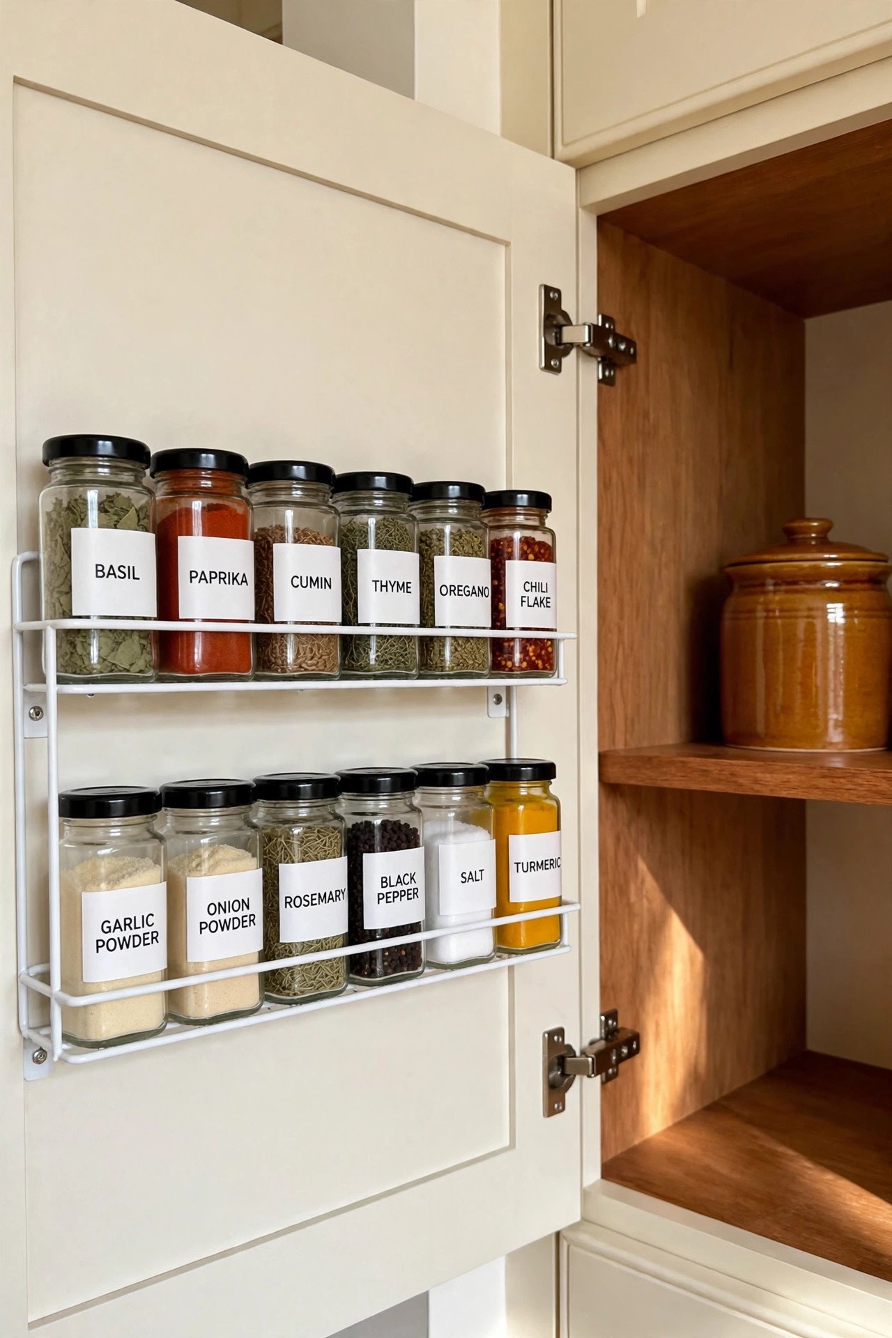 Slim wooden spice rack mounted inside a pantry door holding labeled jars for space-saving spice drawer organization