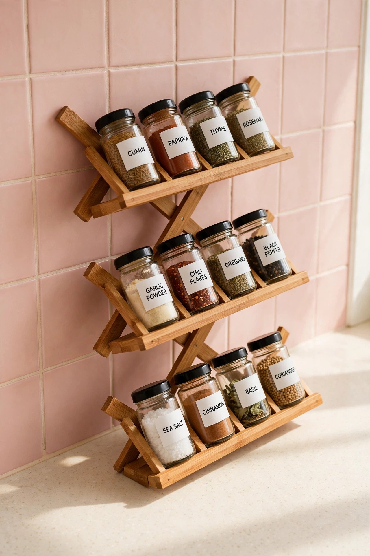 Criss-cross bamboo spice rack with angled labeled jars on a cream kitchen countertop