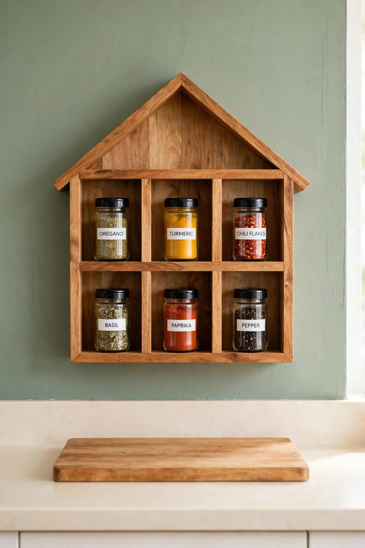 House-shaped wooden shelf on a soft blue wall displaying labeled spice jars for playful spice drawer organization