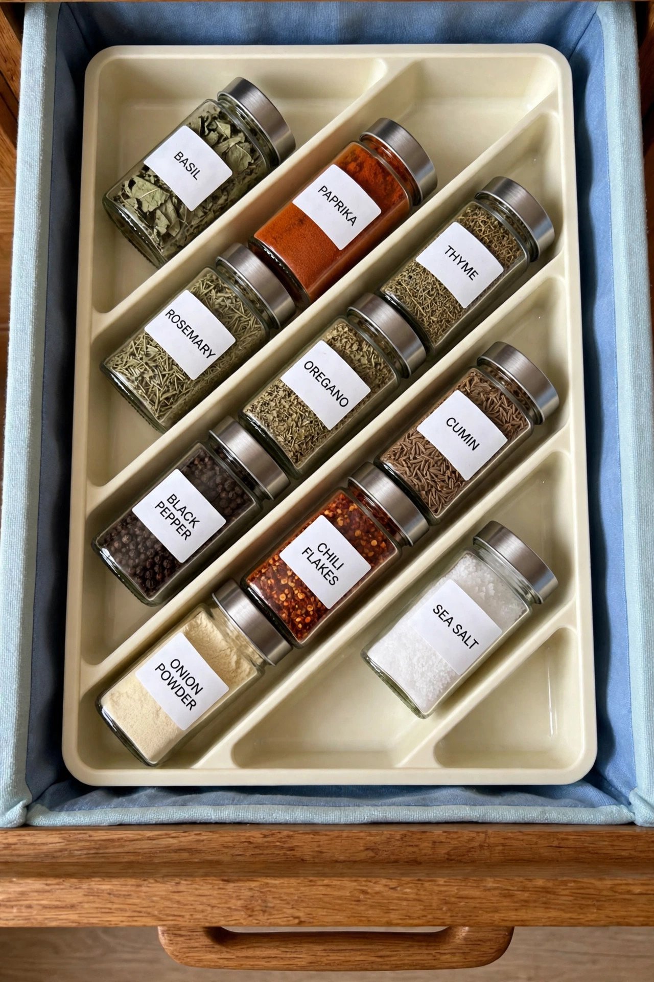 Kitchen drawer with spice jars laid flat in a tiered wooden insert for classic spice drawer organization