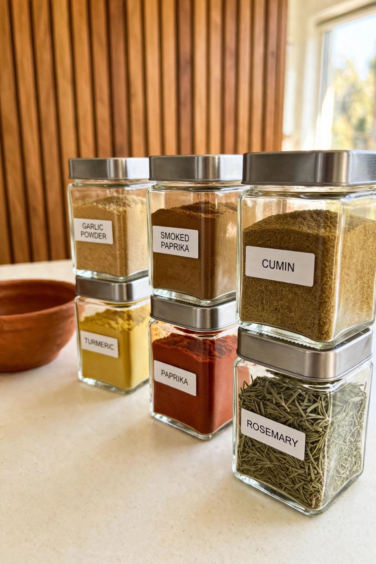 Stacked square spice containers with white labels maximizing space in a deep drawer for efficient spice drawer organization