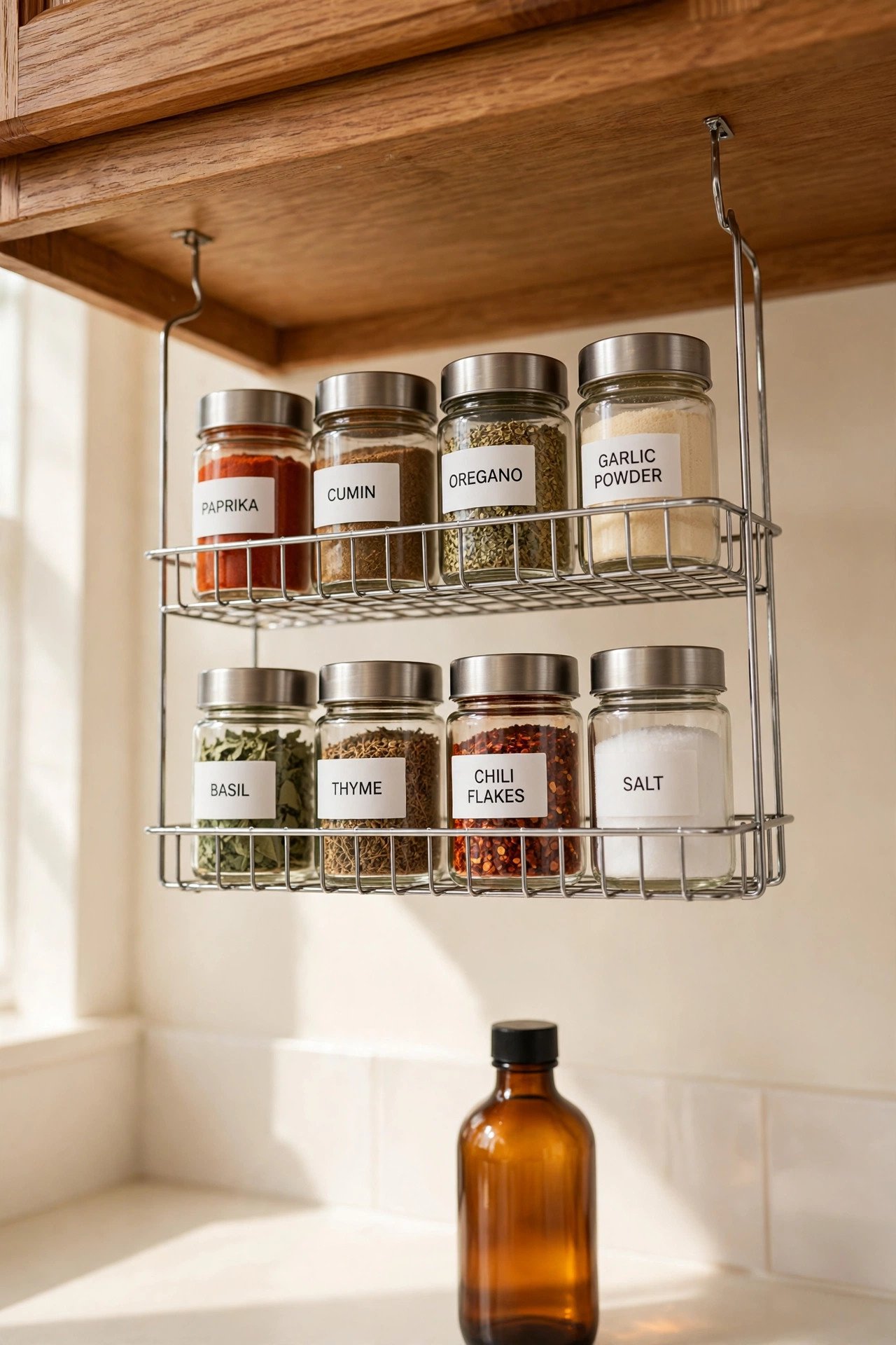 Under-shelf hanging spice rack clipped under a white cabinet holding labeled jars for hidden spice drawer organization