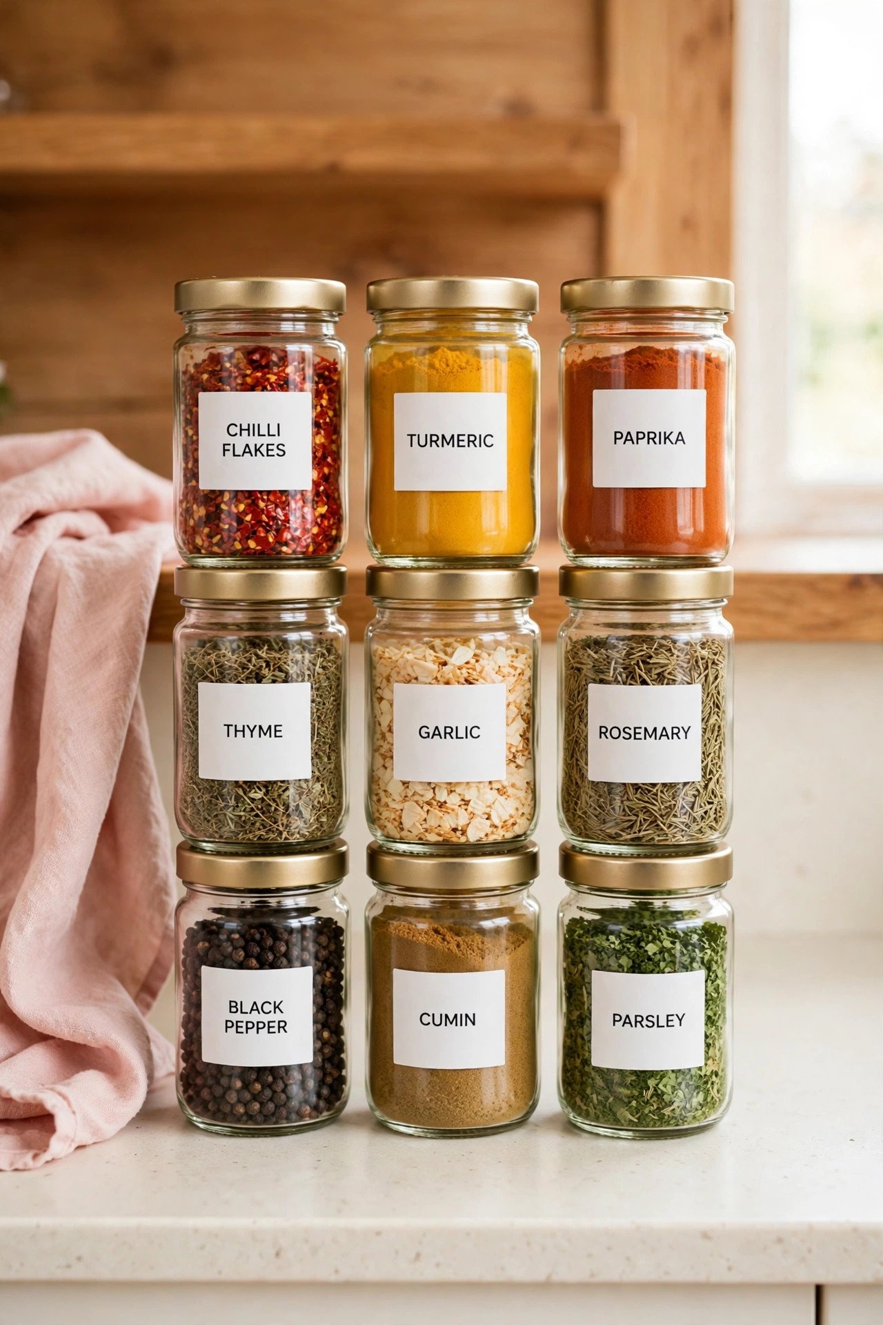 Close-up of matching white printed labels on glass spice jars for a clean finished spice drawer organization look