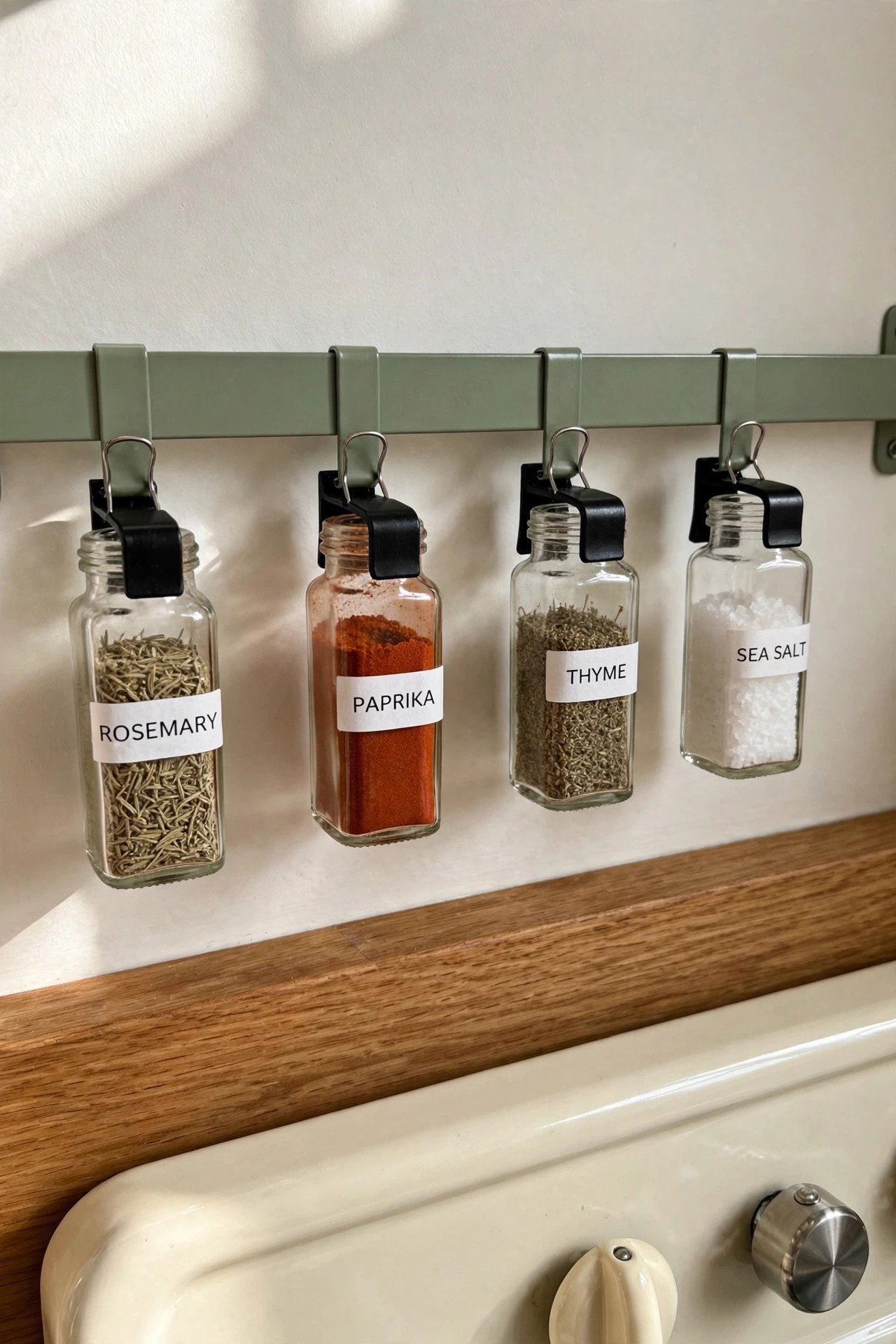 Spice bottles held by wall-mounted clips on a cream tile wall beside a stove for quick spice drawer organization