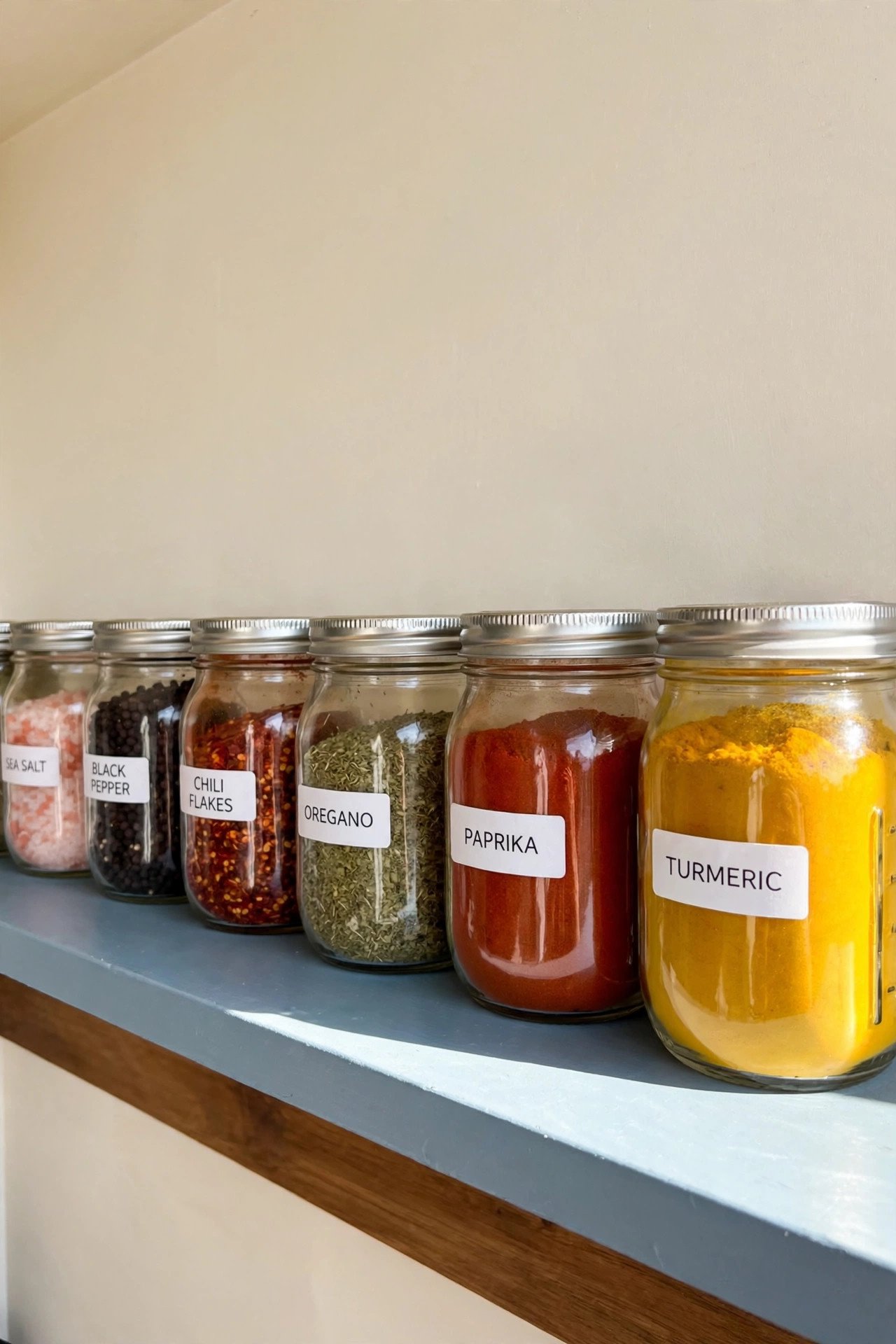 Classic mason jars with white printed labels storing colorful spices on open wooden shelves