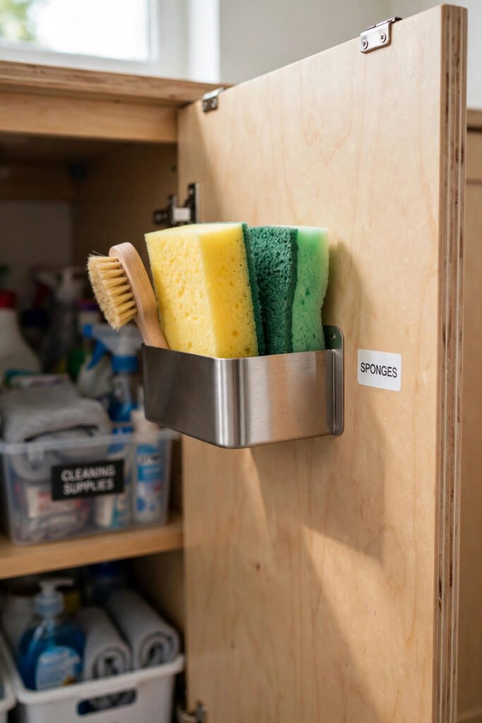 Sponge holder mounted inside under sink cabinet door