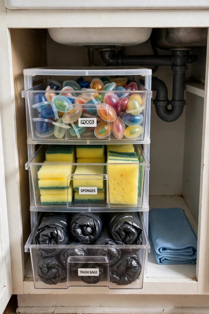 Stacked clear drawers under the kitchen sink