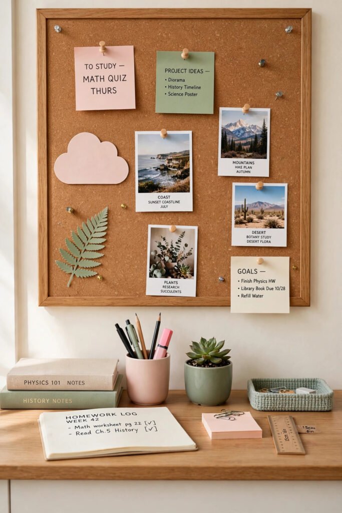 Realistic photo of a cork inspiration board with notes and photos above a teen desk
