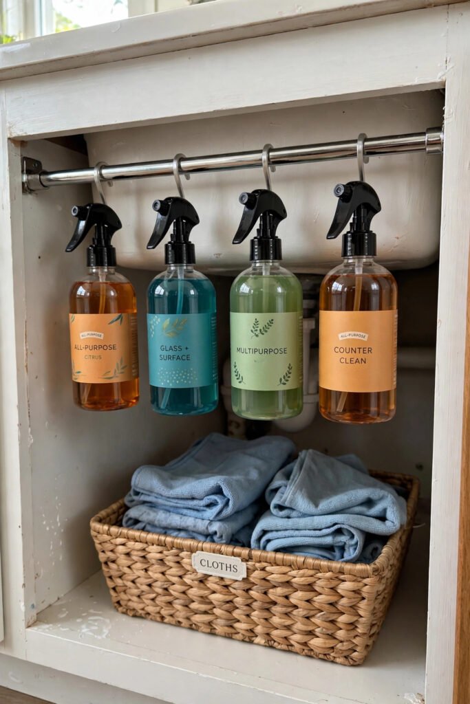 Tension rod holding spray bottles under sink