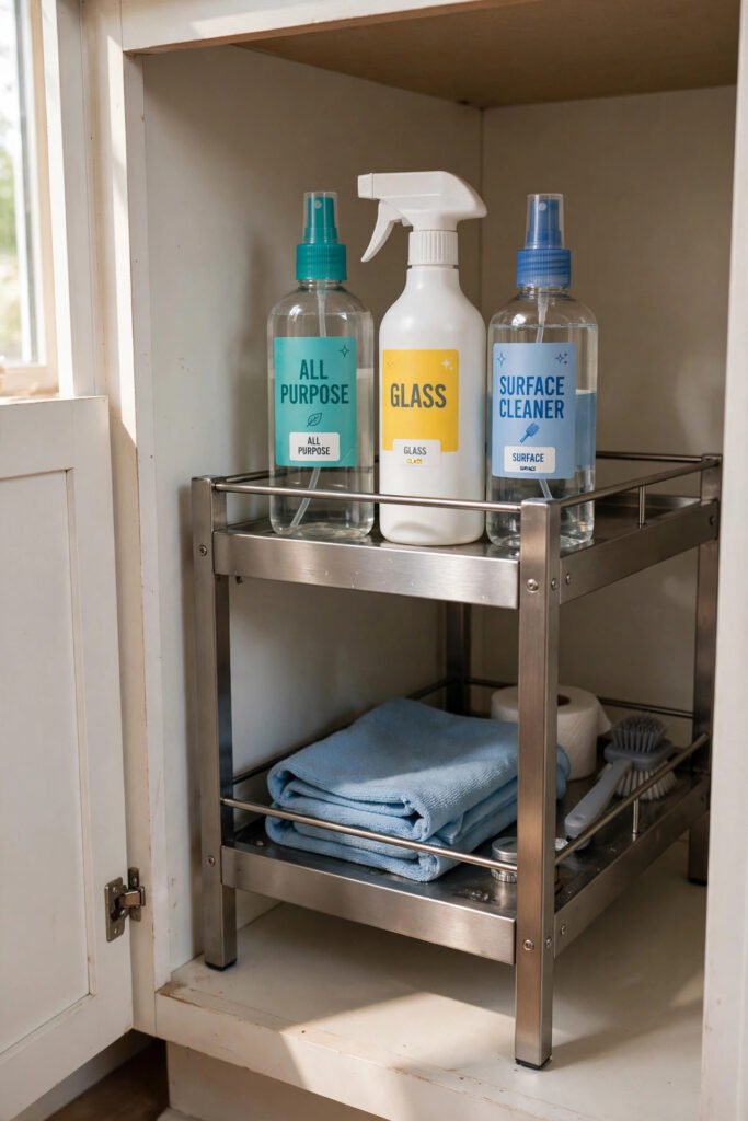 Two-tier organizer with spray bottles under the kitchen sink