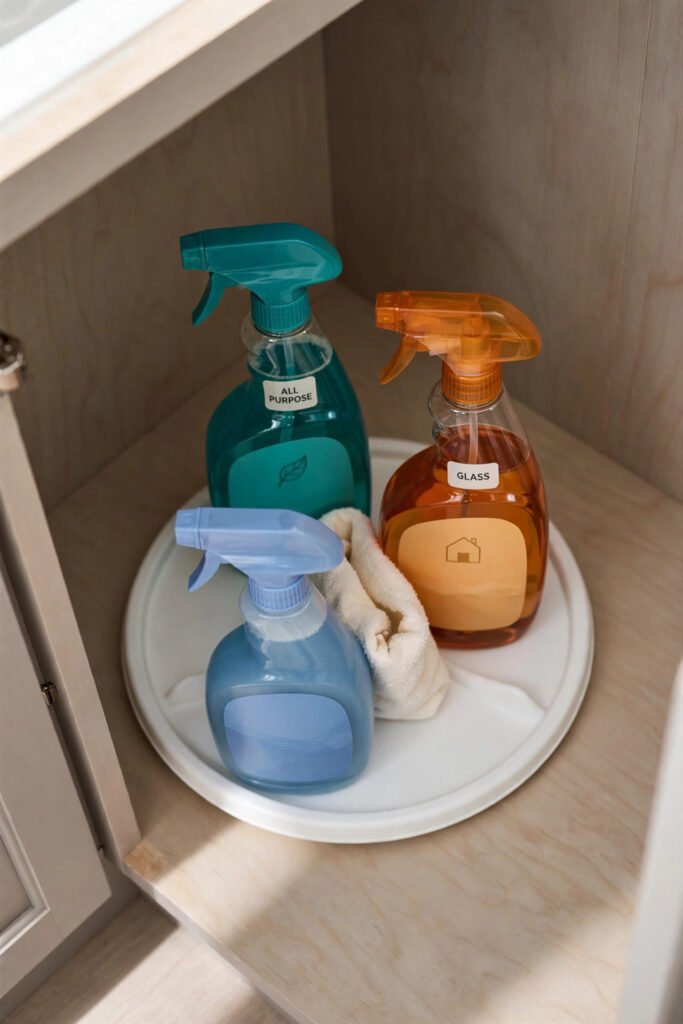 Turntable with spray bottles under kitchen sink