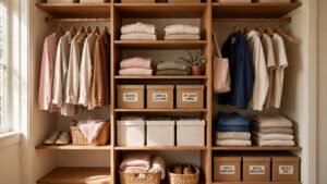 Freshly reset closet with matching hangers, labeled boxes and organized shelves
