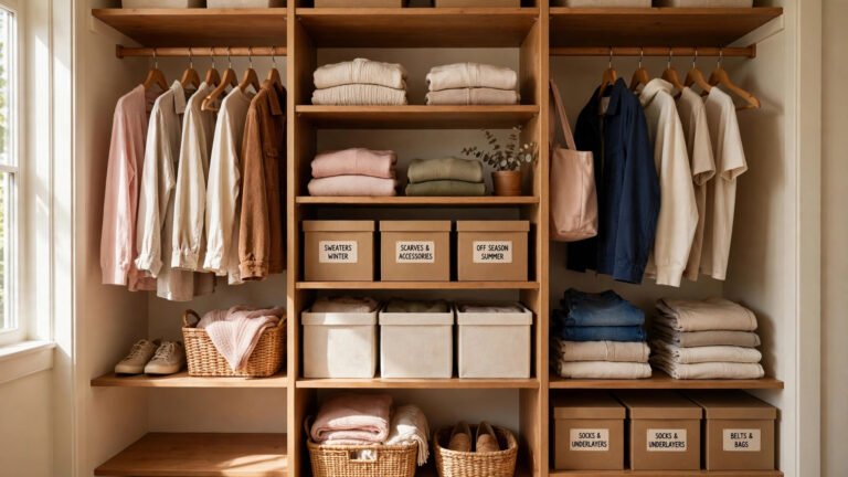 Freshly reset closet with matching hangers, labeled boxes and organized shelves