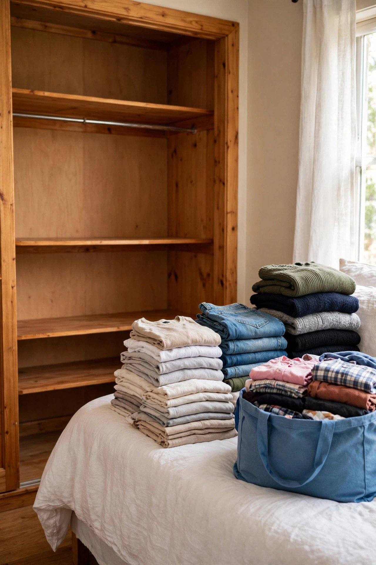 Closet pulled out for a wardrobe reset with sorted piles and donation bags on the floor