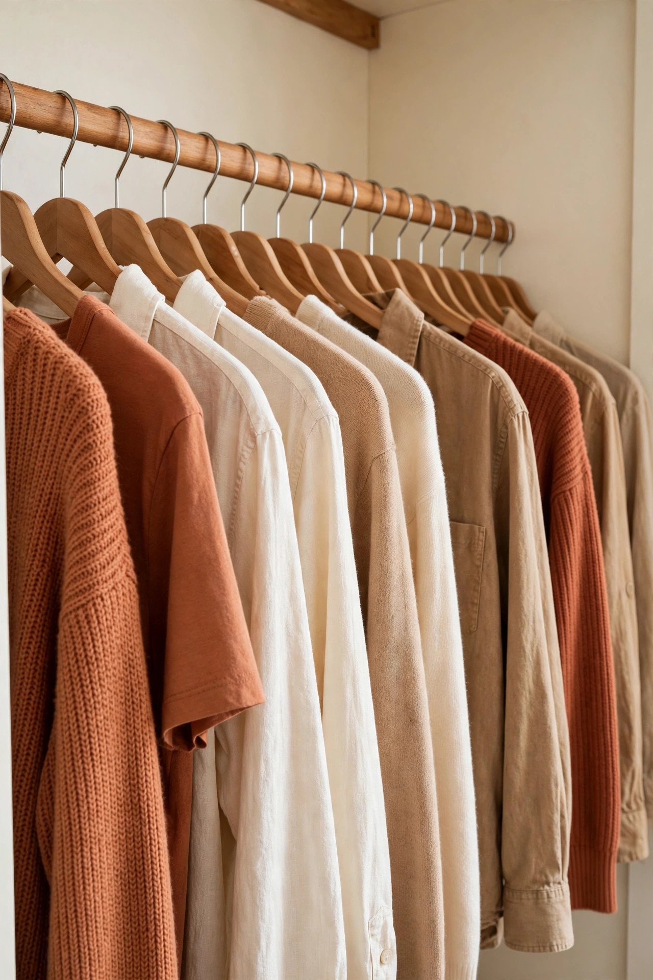 Matching slim wooden hangers keeping a closet organization rail tidy and uniform