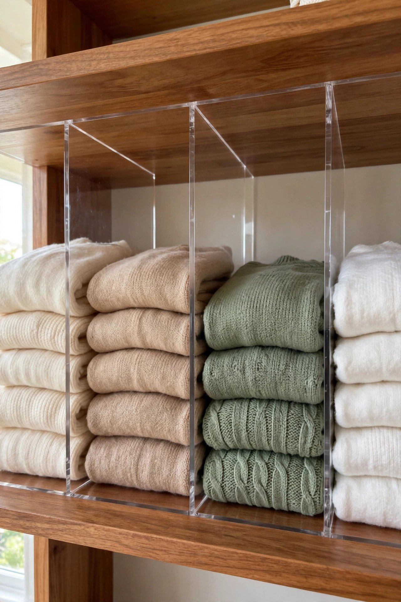 Folded sweaters held upright by wooden shelf dividers in an organized closet