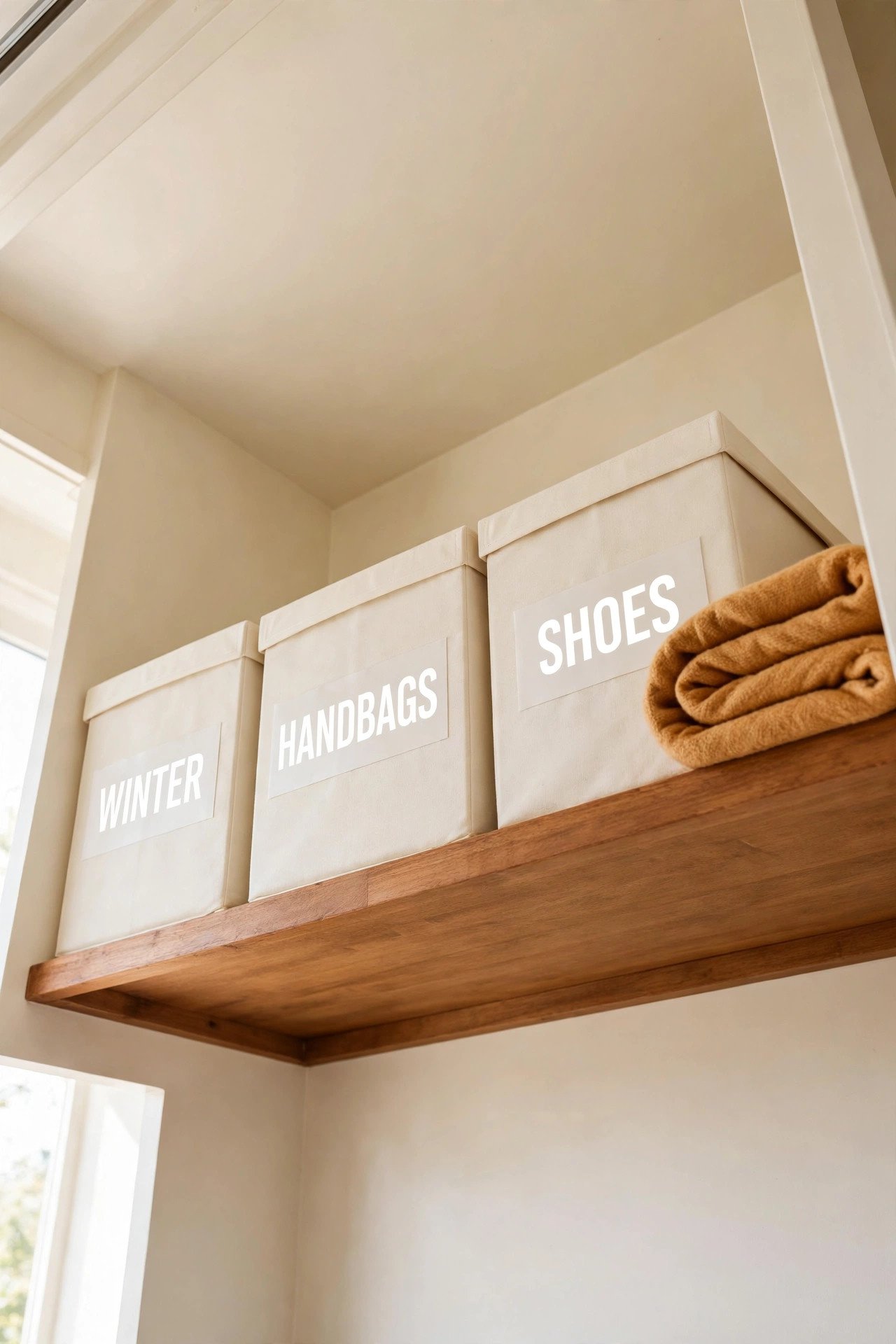 Cream fabric boxes with white printed labels reading WINTER SHOES ACCESSORIES on a closet top shelf