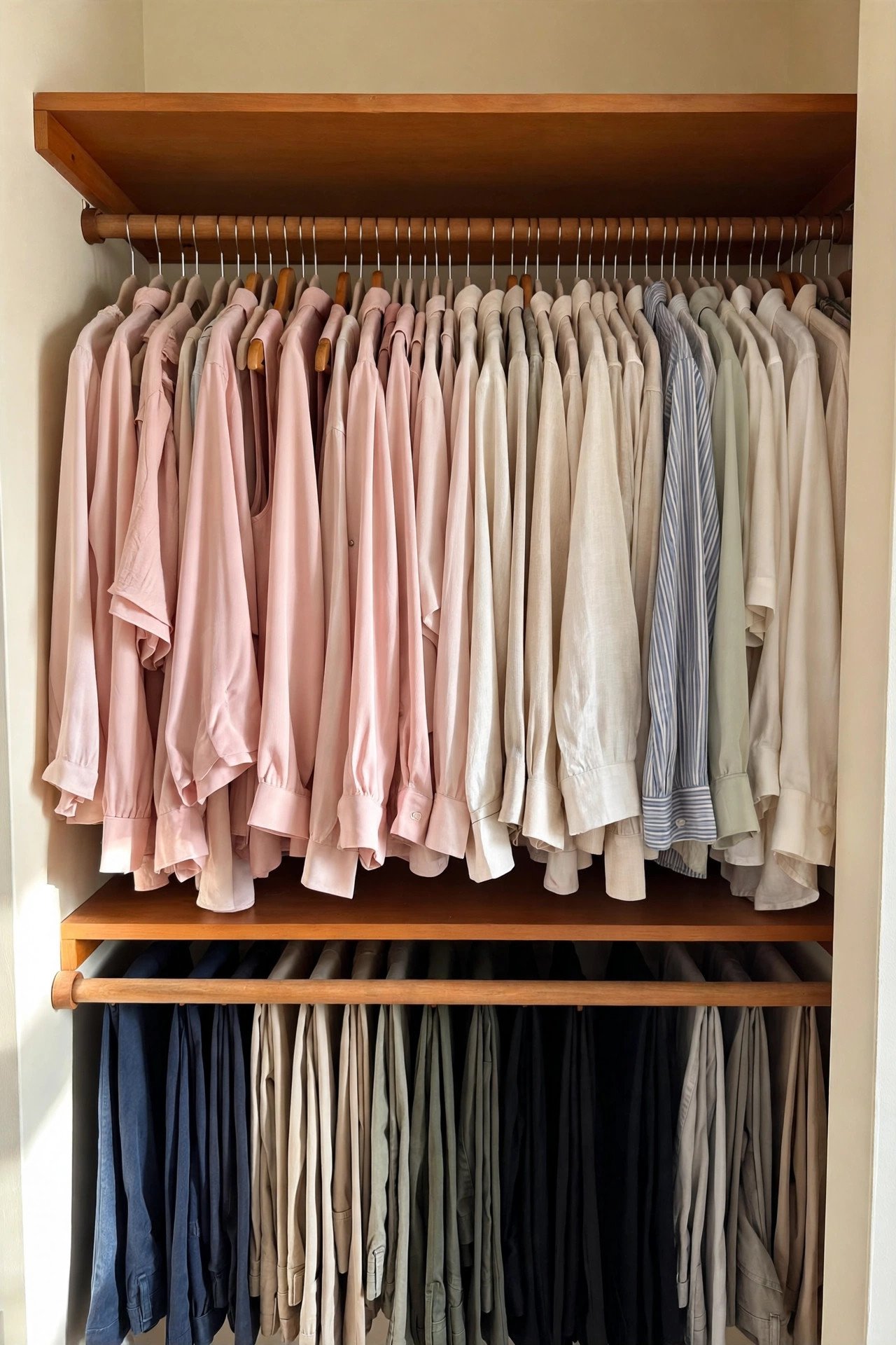Double hanging rods doubling the space in a small closet organization reset