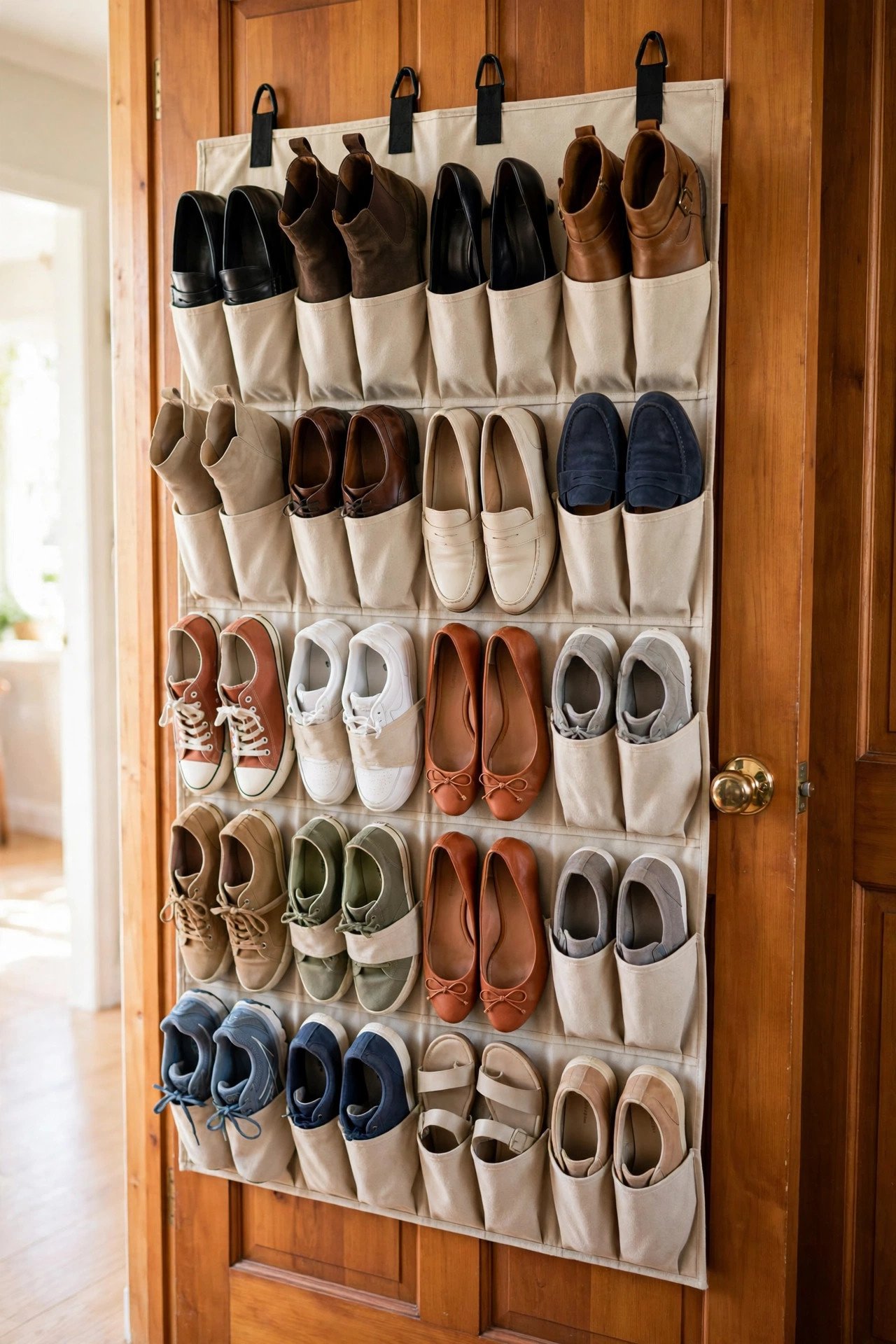 Hanging canvas shoe organizer full of shoes fitted inside a closet door