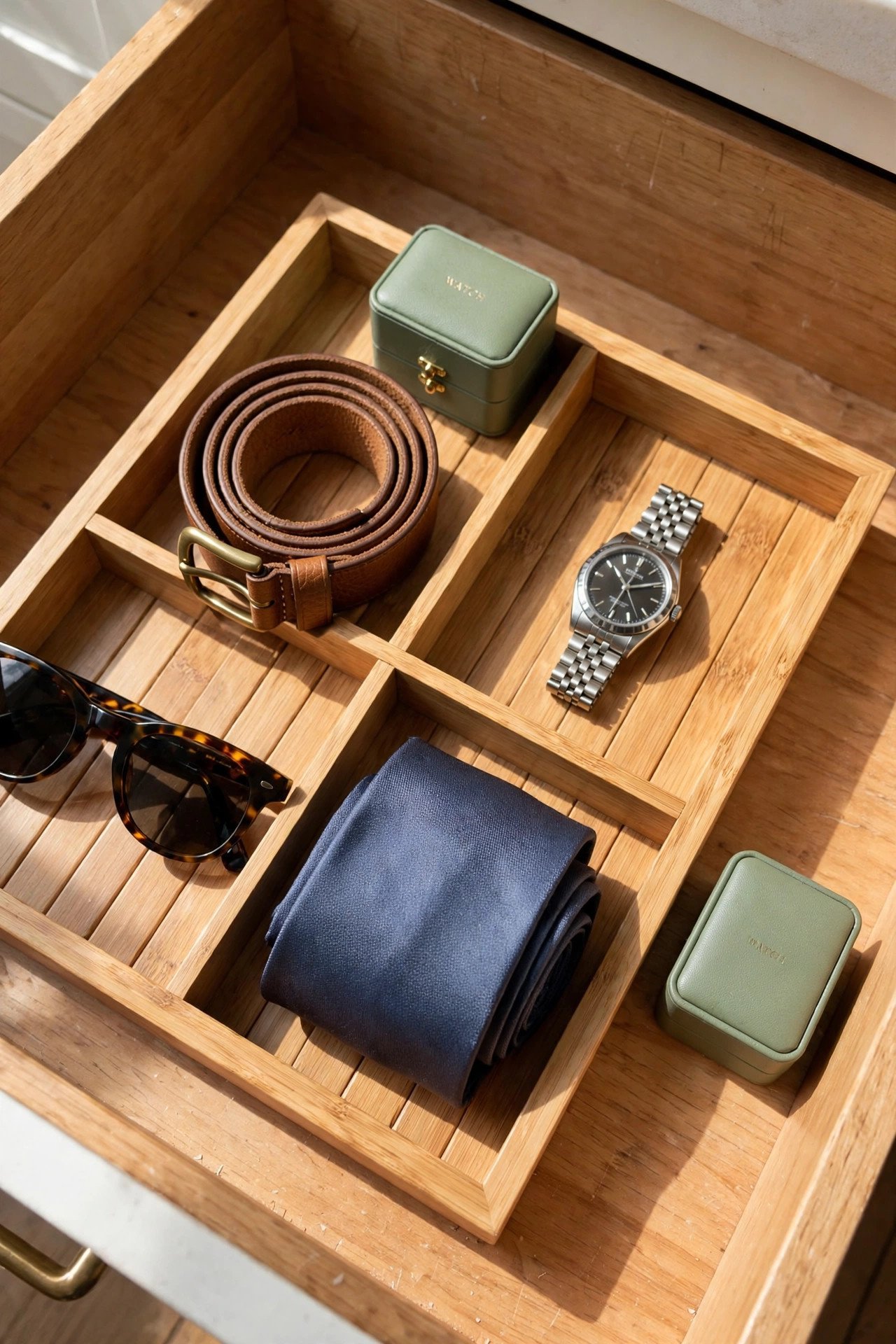 Bamboo drawer tray sorting belts watches and sunglasses for tidy closet organization