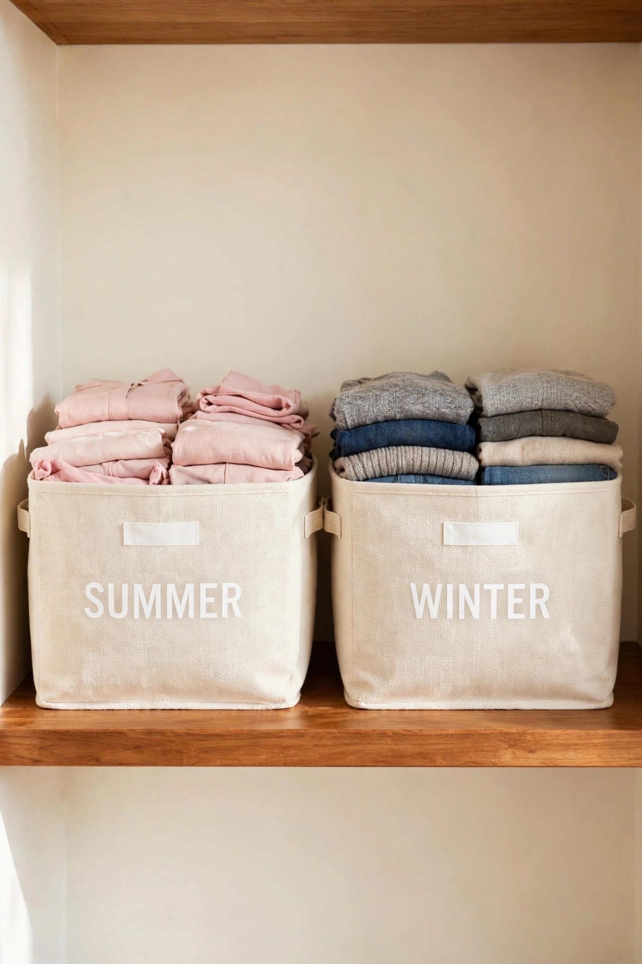 Labeled SUMMER and WINTER bins filled with folded clothes for a seasonal wardrobe reset system