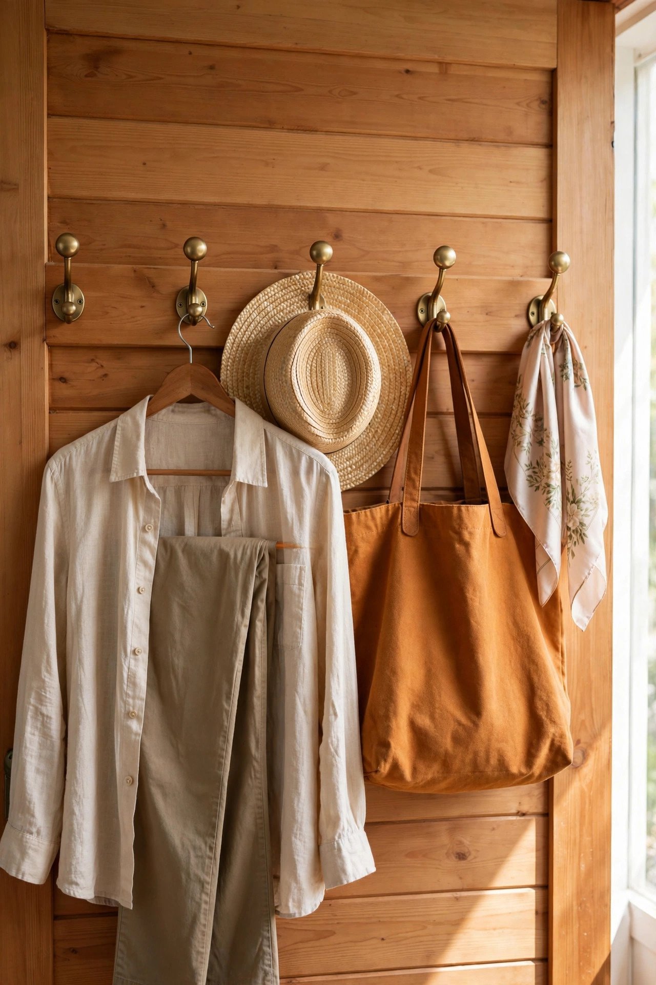 Hooks on the inside of a closet door holding a straw hat tote bag and scarf