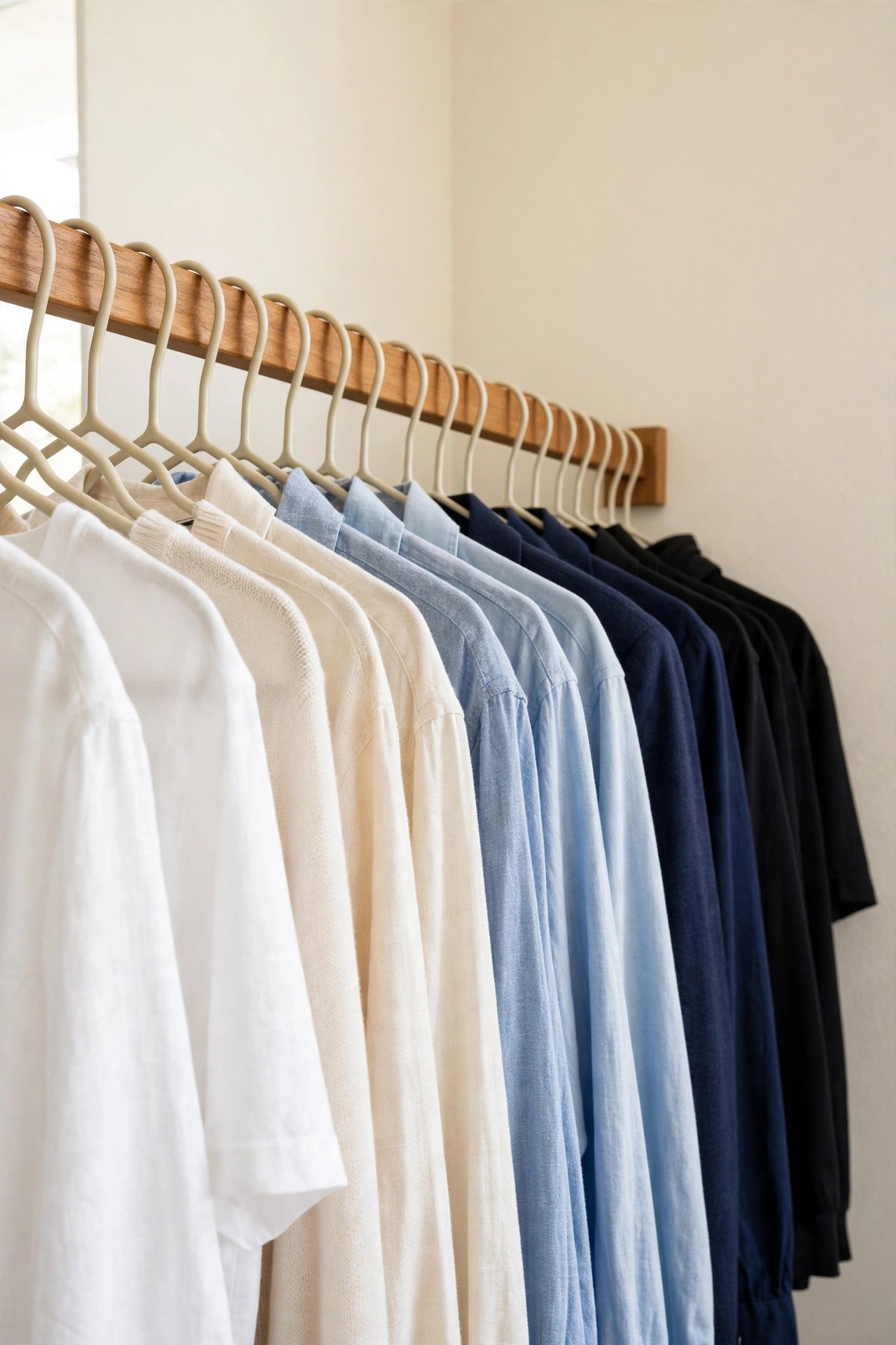 Closet rail sorted by color gradient for a calm wardrobe reset look