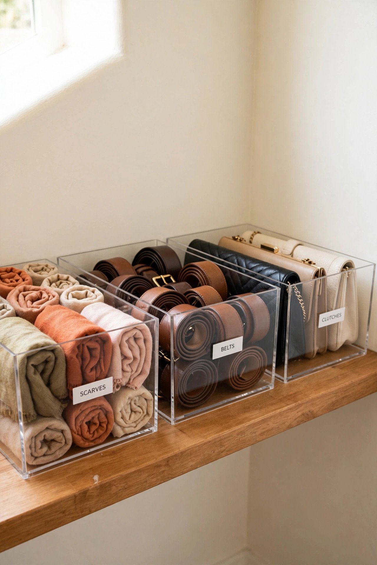 Clear labeled bins holding rolled scarves and belts on a closet shelf for easy closet organization
