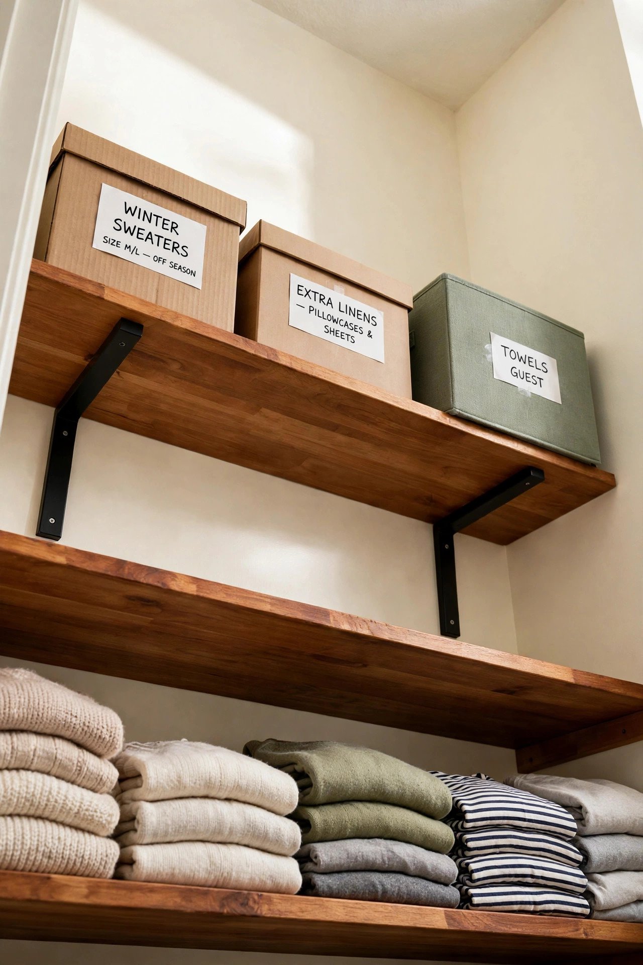Extra wooden shelf added above a closet shelf full of neatly folded clothes