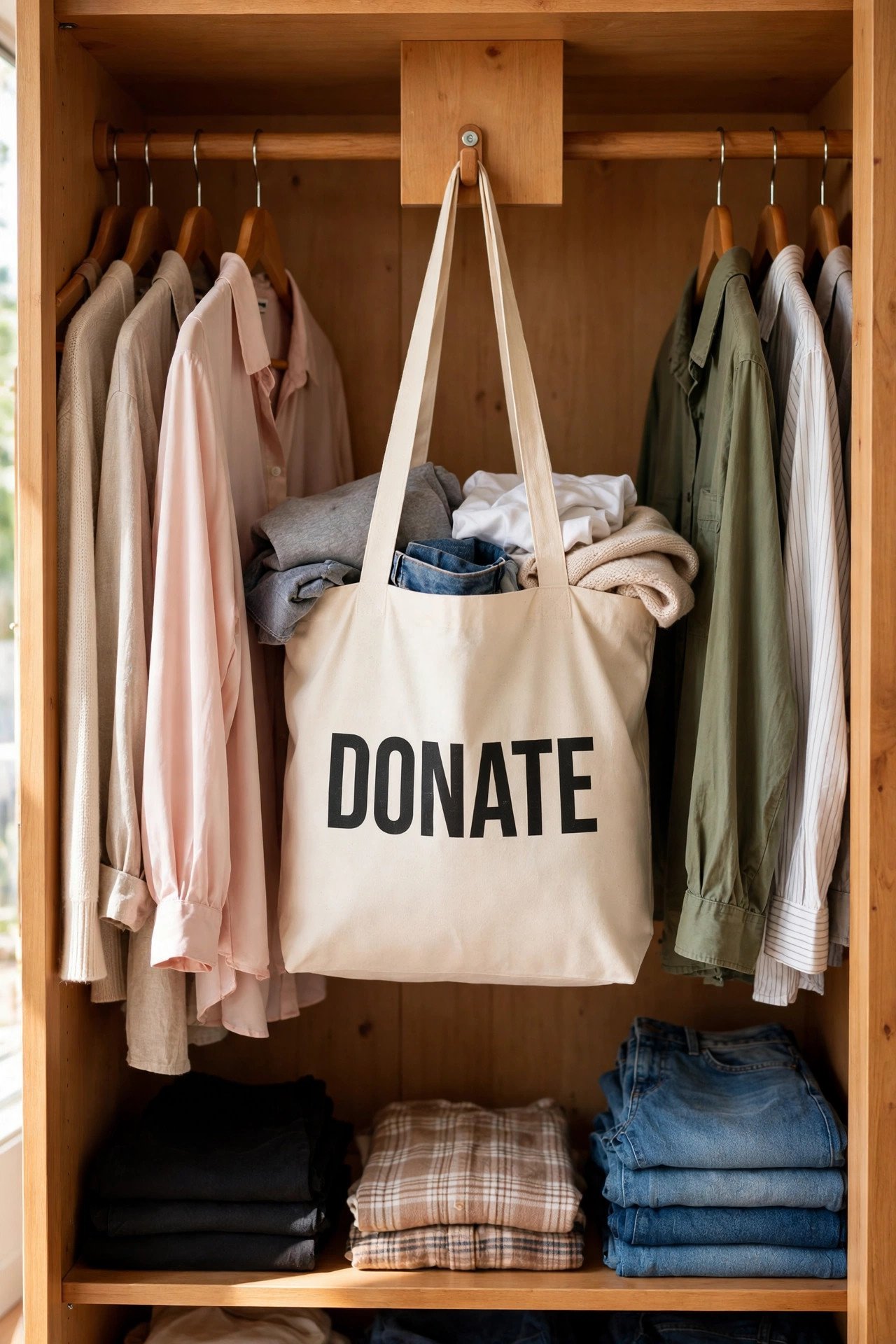 Canvas DONATE bag hanging inside a closet for an ongoing wardrobe reset